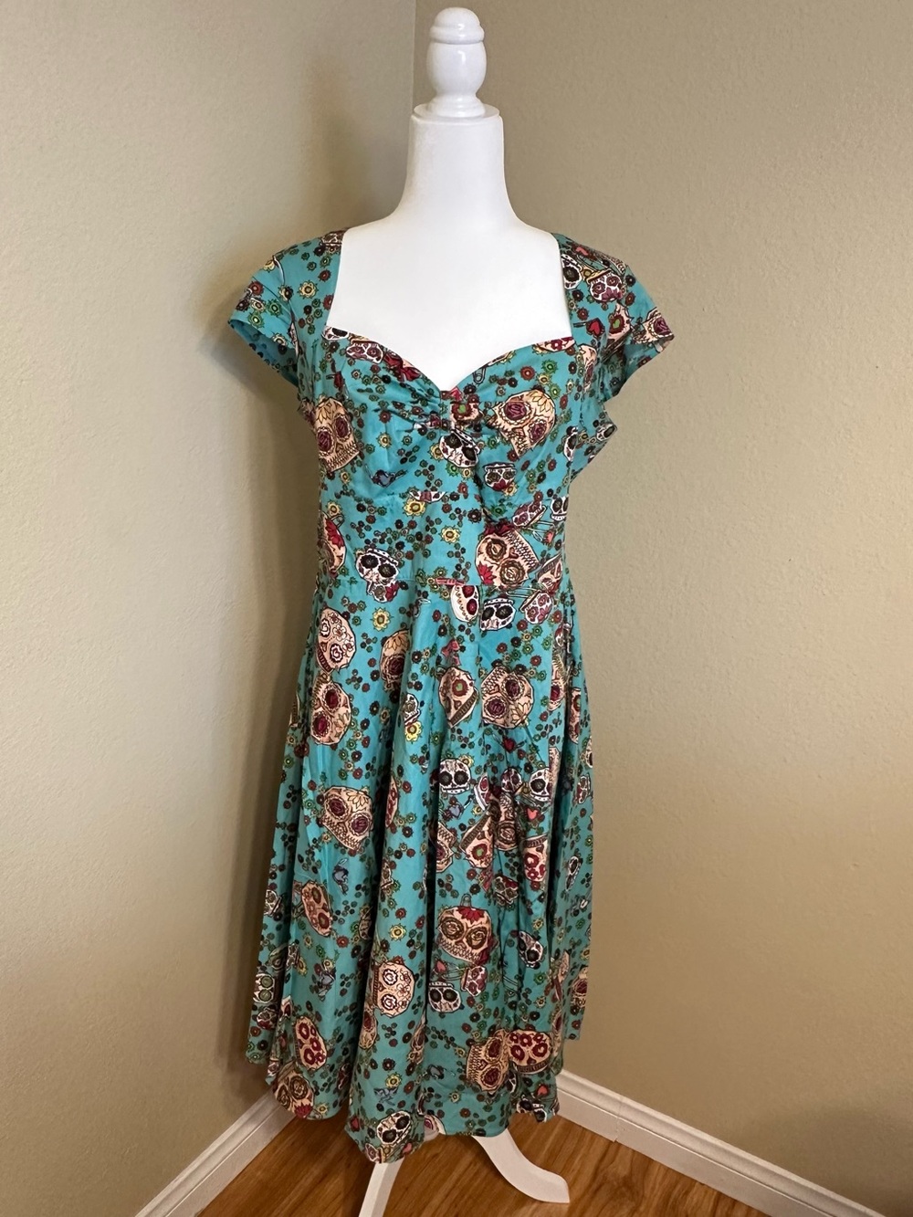 Hell Bunny Sasha Calavera Sugar Skull Swing Dress Turquoise Teal Large 💀✨